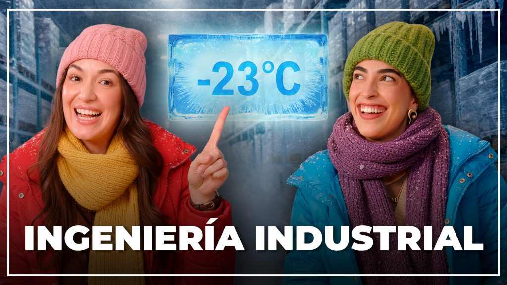 Miniatura del podcast sobre Ingeniería Industrial: Clau e Isabella vestidas con ropa de invierno y gorros en un almacén congelado a -23 grados.