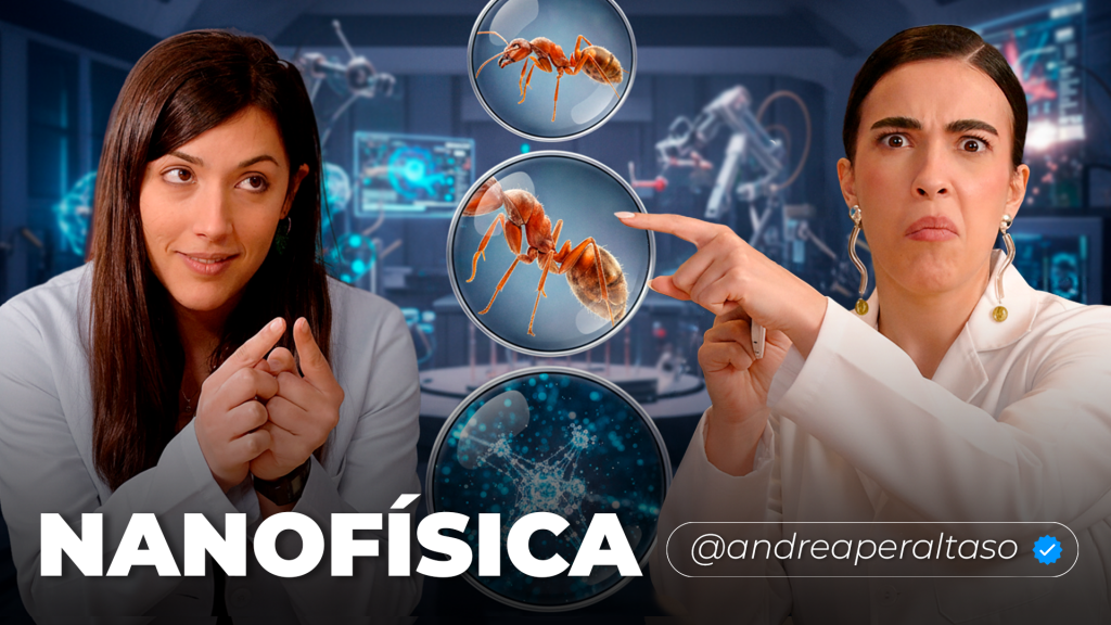 Clau y Andrea, en la miniatura del podcast, analizando lo pequeño que es un átomo