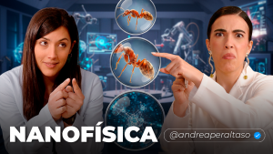 Clau y Andrea, en la miniatura del podcast, analizando lo pequeño que es un átomo