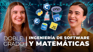 Clau y Laura en la miniatura del episodio sobre el Doble Grado en Ingeniería de Software y Matemáticas, hablando de cómo funcionan los algoritmos