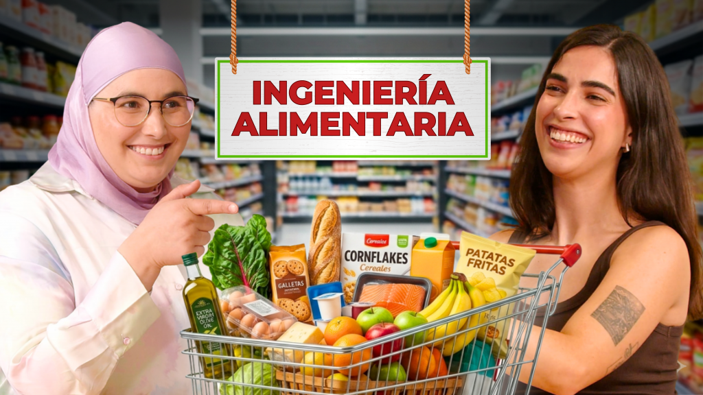 Clau y Assma junto a un carro de la compra con productos frescos y aceite de oliva para hablar de ingeniería alimentaria